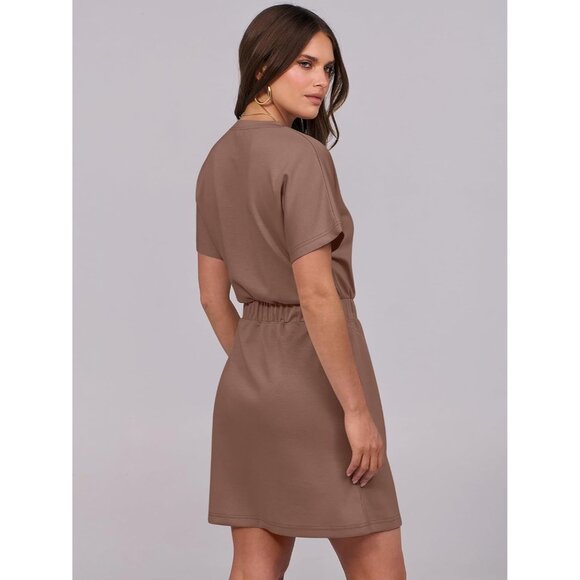 Anrabess Women Brown Crew Neck Elastic Waist Mini T Shirt Dress With Pocket - Picture 5 of 6